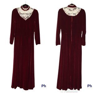 Vintage 60s 70s Victorian Velvet Maroon Maxi Dress, High Lace Neck, Steampunk